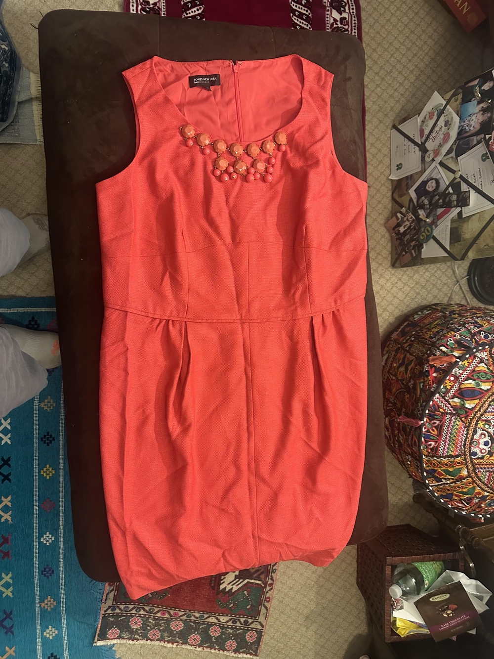 Jones New York Coral Sleeveless Sheath Dress with Embellished Neck